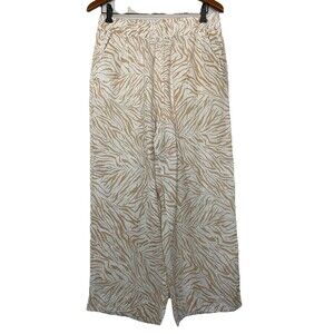 Cynthia Rowley Women's Large Linen Pants Tan Cream Animal Print Elastic Pull On